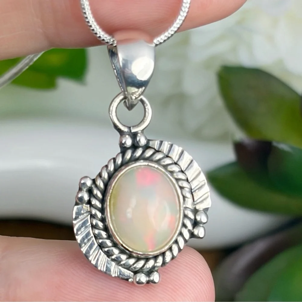 Ethiopian Opal Gemstone Pendant Pure Sterling Silver 925 Boho Southwest New
